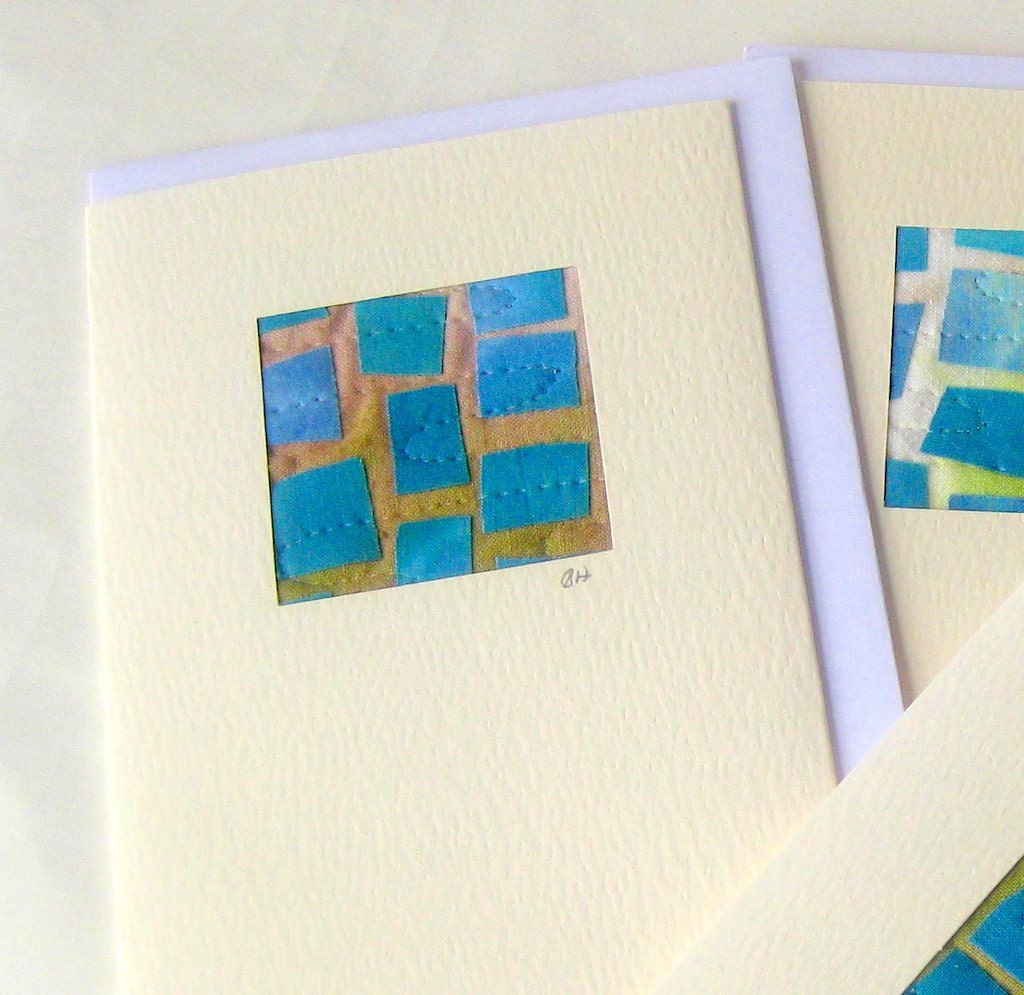 Card fabric collage squares handdyed cotton quilted