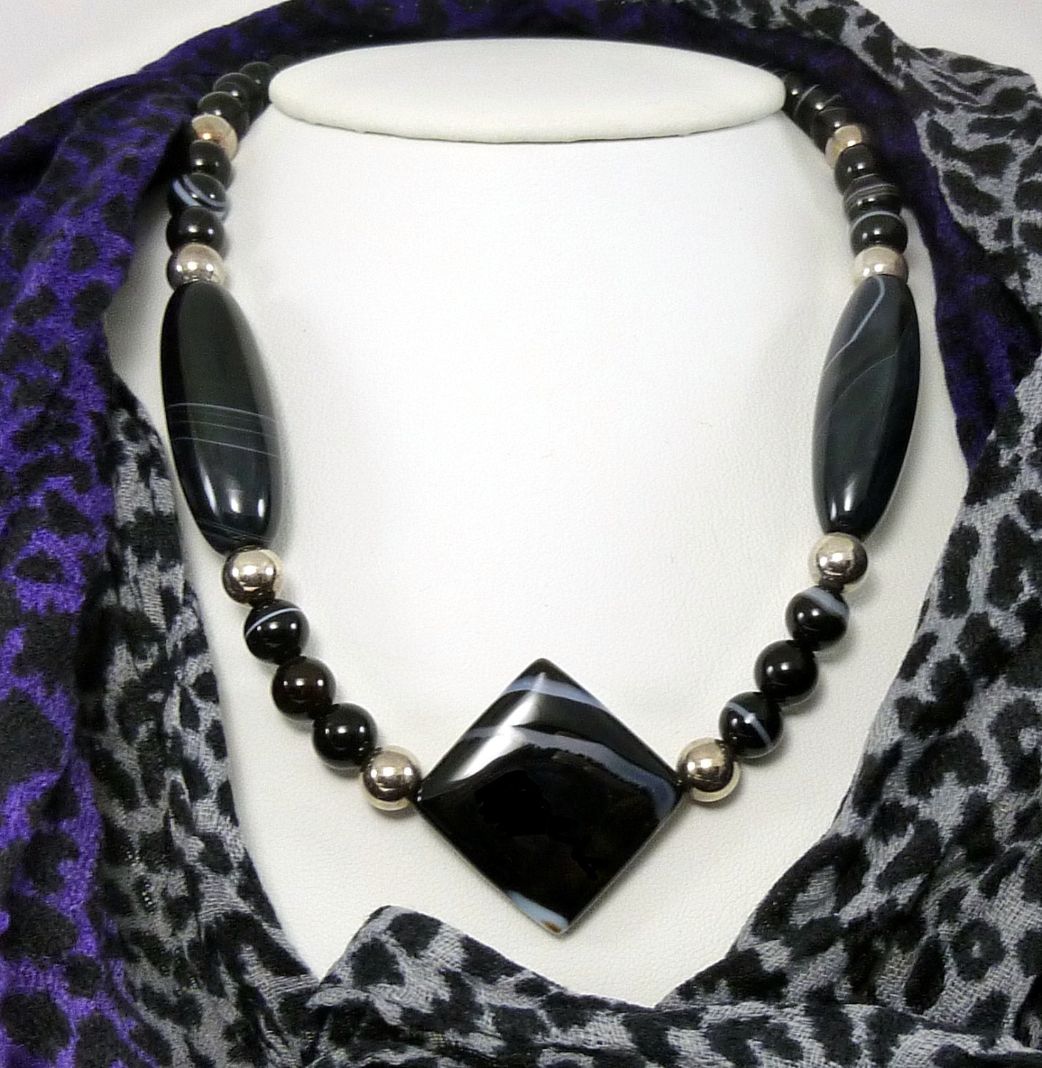 Black White Necklace Sterling Silver Chunky