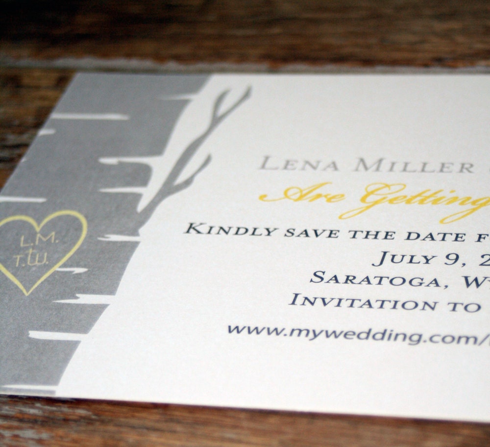 Modern Wedding Invitation Birch Tree with Heart Save the Datecustom