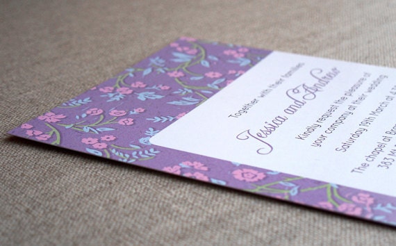 Vintage Floral Invitation in Purple Pink Blue Green or White Wedding