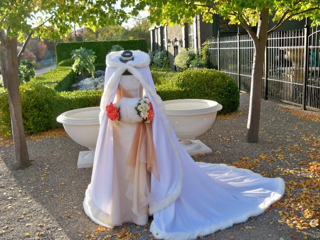 White Bridal cape 96 inch White Satin with Fur Trim Wedding Cloak Handmade in USA