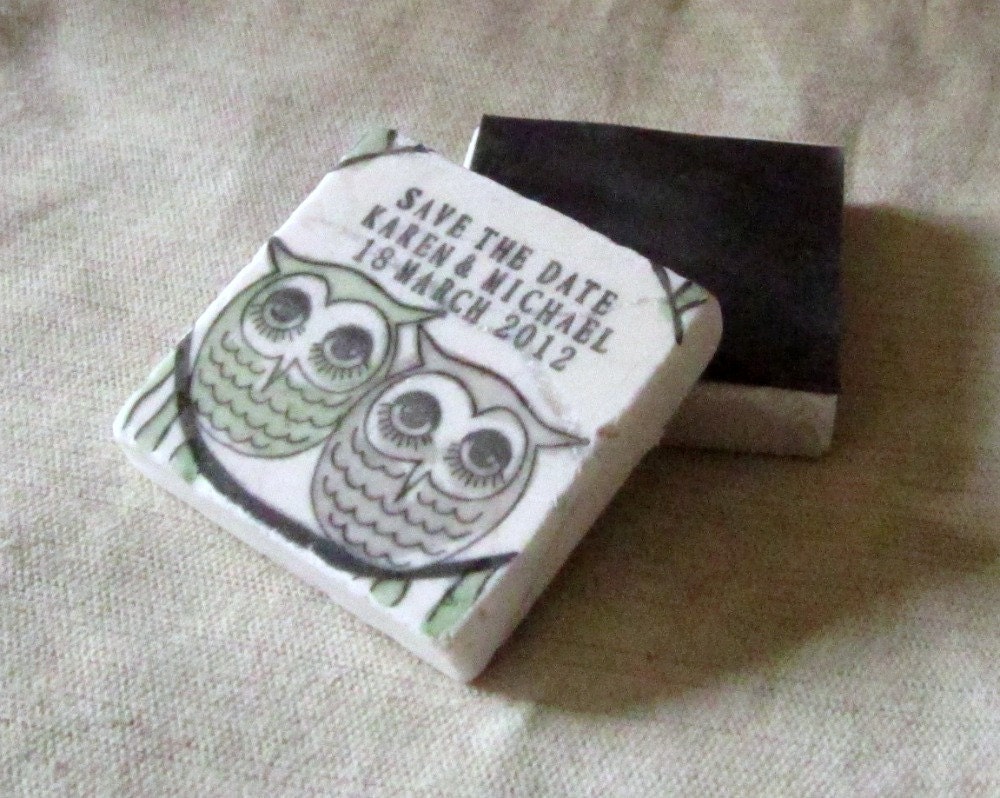 Cozy Owl Save The Date Magnets, Set of 10, Gray and Sage Green