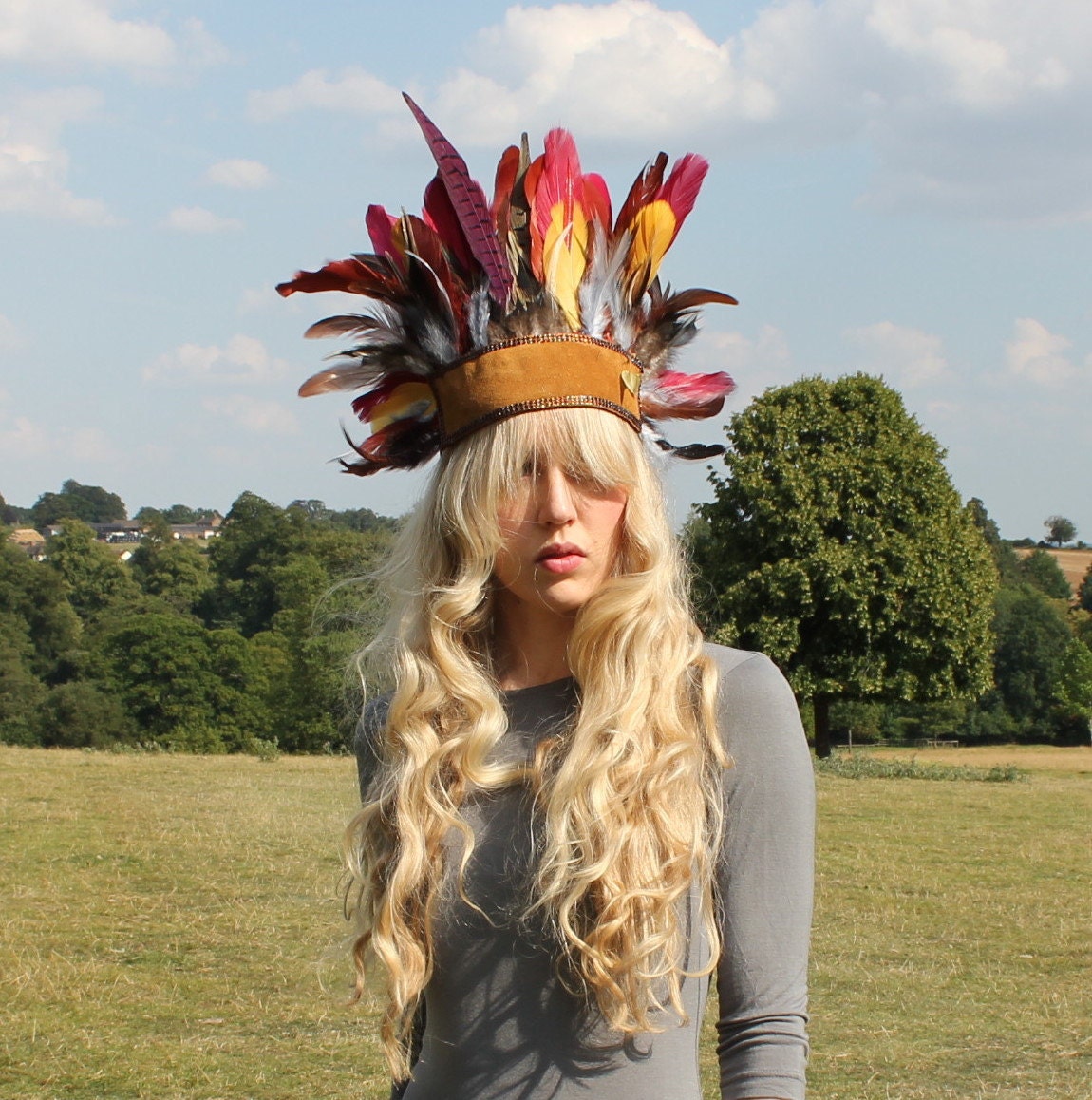 Leather and feather headdress