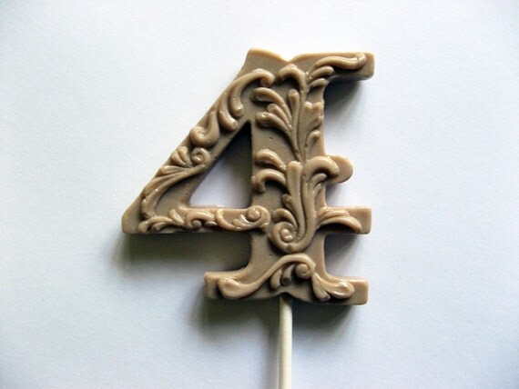 3" fancy filigree number 4 hard candy lollipops As seen in Dylan Lauren's bridal shower featured in Martha Stewart weddings May 2011