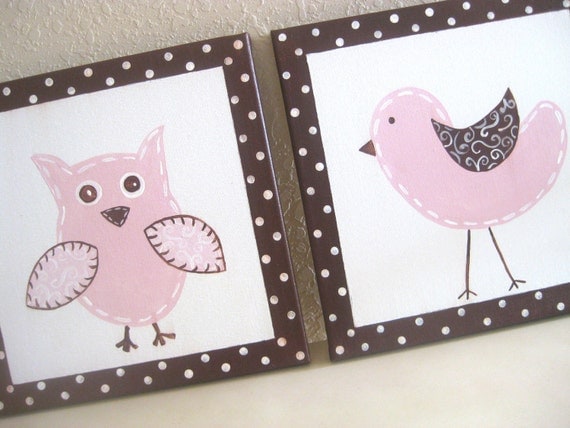 Owl and Birdie, 12x12, set of 2, READY TO SHIP