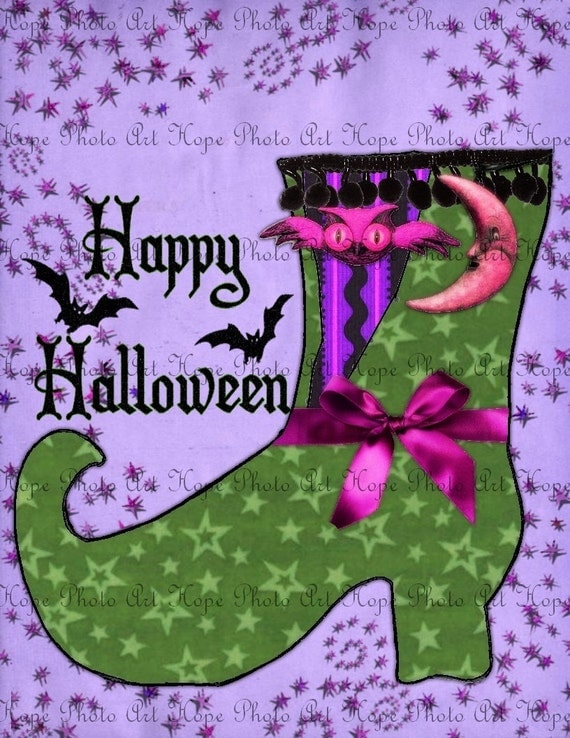 Happy Halloween  Witch Boot Collage - Image Transfer Burlap Feed Sacks Canvas Pillows Tea Towels greeting - U Print 300dpi jpg