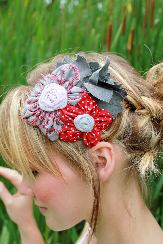 Flower Cluster Headband - Red, White, Gray Polka Dot- JustLiv