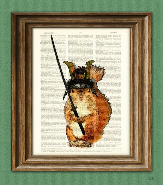 Squeaky the Samurai Squirrel with sword and armor illustration beautifully upcycled dictionary page book art print