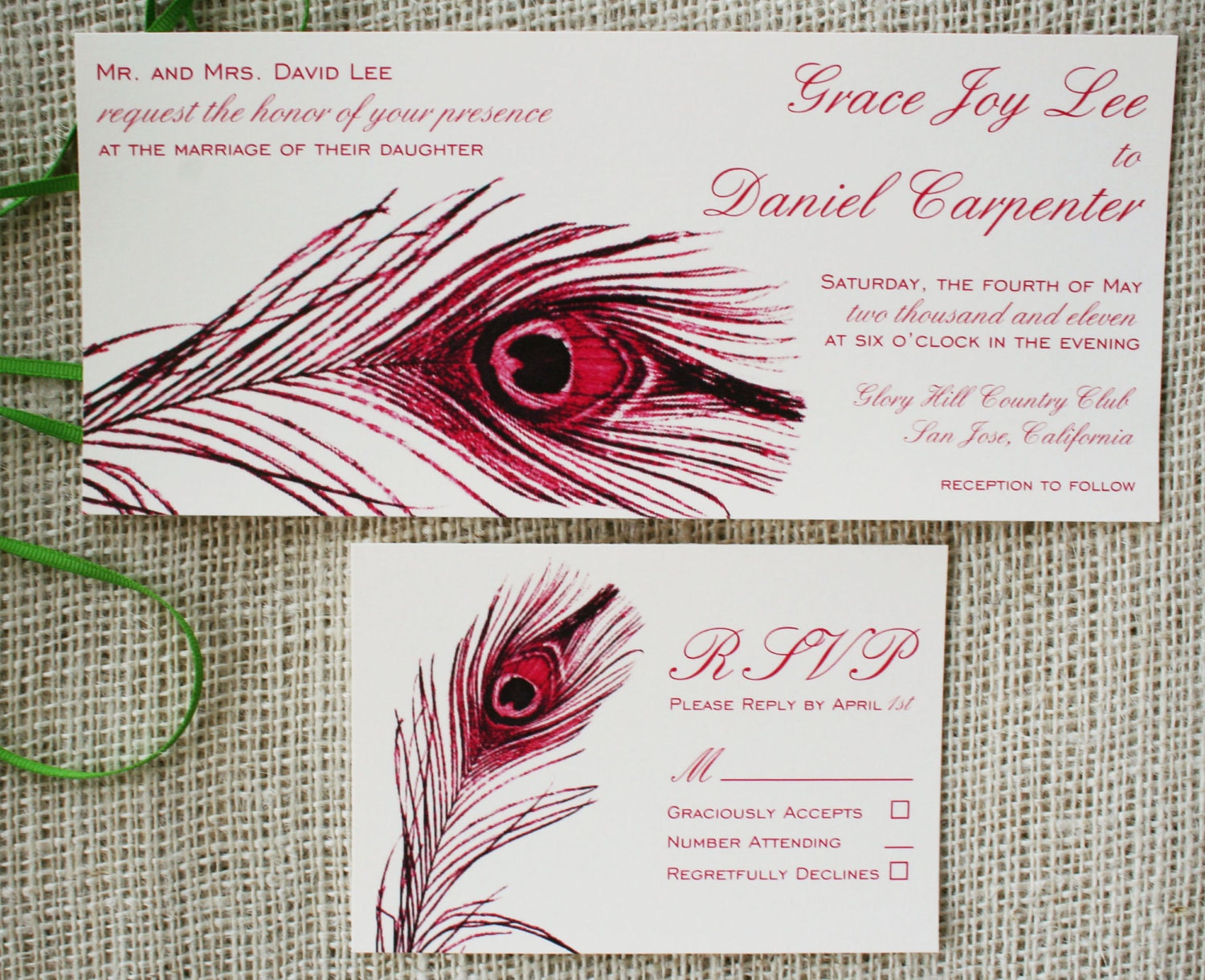 Elegant Peacock Feather Wedding Invitation Jewel Tones Sample