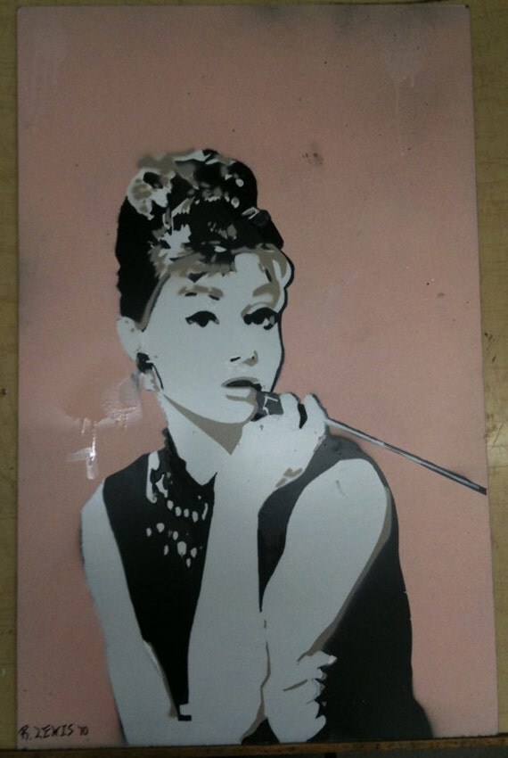 Multilayered Audrey Hepburn stencil piece Spray paint on Masonite board