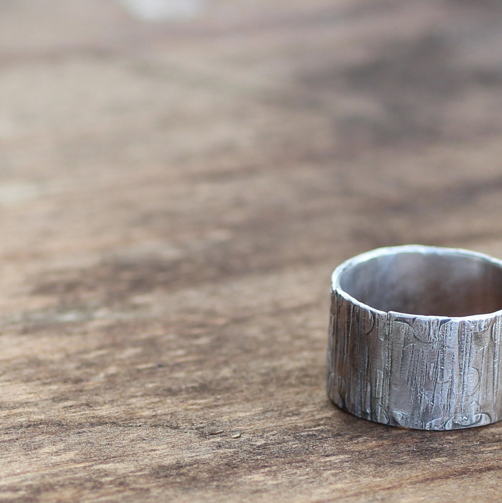 Mens Ring Wood Grain on Sterling Unique Wedding Ring Tree Bark