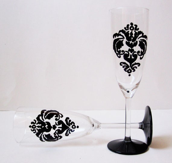 Set of 2 black damask champagne glasses hand painted damask theme 