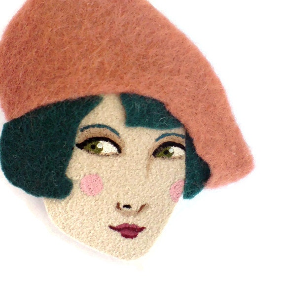 Felt brooch - Amelie, French girl, grapefruit, teal, Autumn, woman face
