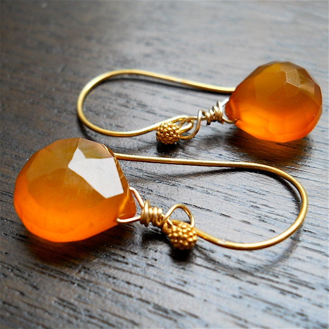 orange chalcedony drop earrings in gold vermeil