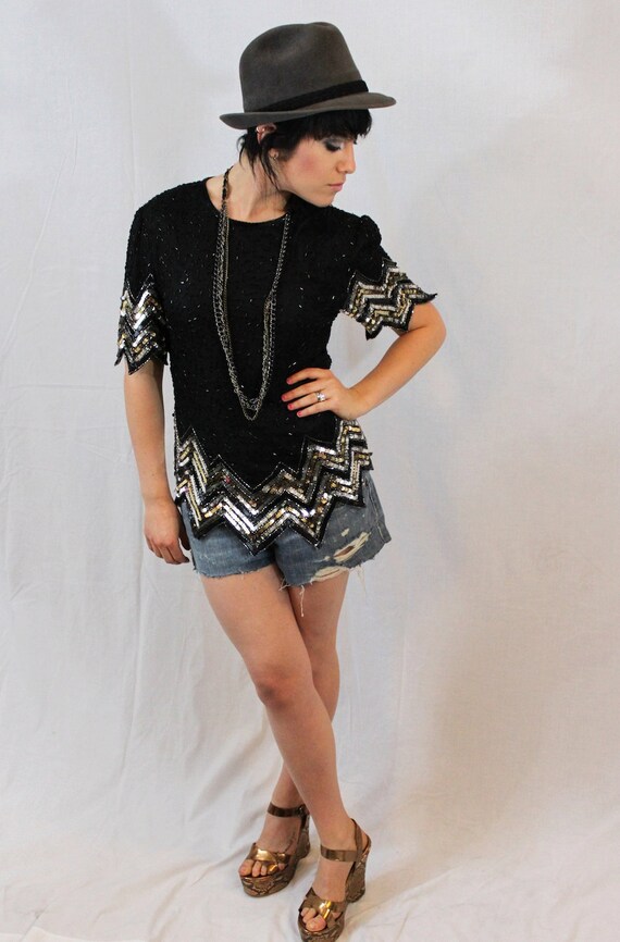 Vintage 80s glam BEADED SEQUIN SILK Chevron striped Scala top xs-s