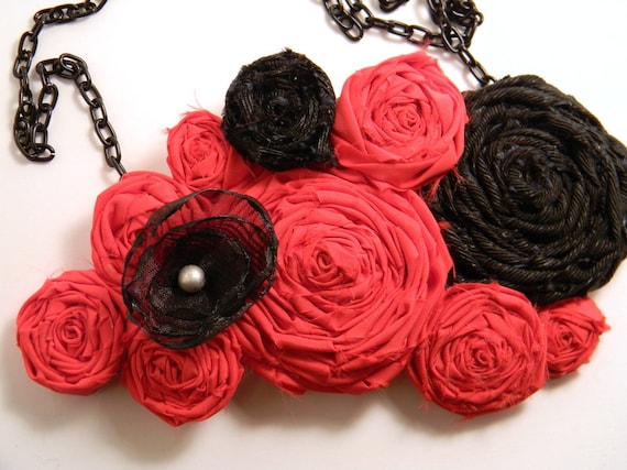 Black Red Silver Fabric Rolled Rosette Singed Flower Statement Necklace Adjustable Chain Closure