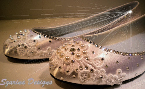 Custom white or ivory satin swarovski bridal wedding flats ballet shoes sds