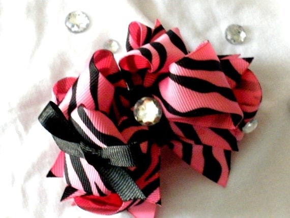 Girls Boutique Hair Bow Layered - Pink Zebra Pretty Preppy Bow - Zebra, Pink, Bling, Black