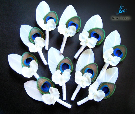 10 boutineers peacock white boutonnieres feathers wedding orchid silk flower