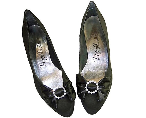Vintage Evening Shoes Rhinestone Black Satin by mysweetiepiepie