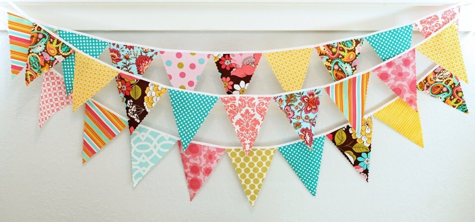 Mini pennant fabric banner - bunting in pink, turquoise, and yellow