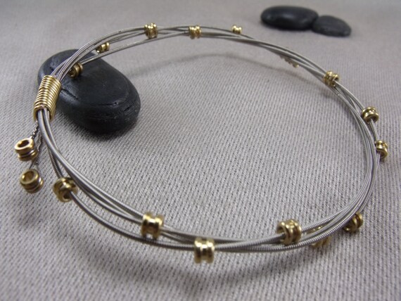 Recycled Guitar String Bangle with Brass Ball End 'Beads'