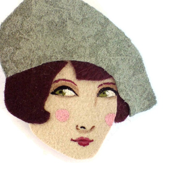Fabric brooch - Amelie, French girl with a beret, Autumn, conversation piece, mint, brown, woman face