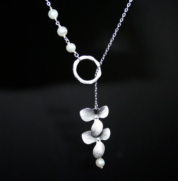 Silver  Orchid Necklace  Circle with Pearls Lariat by smilesophie from etsy.com