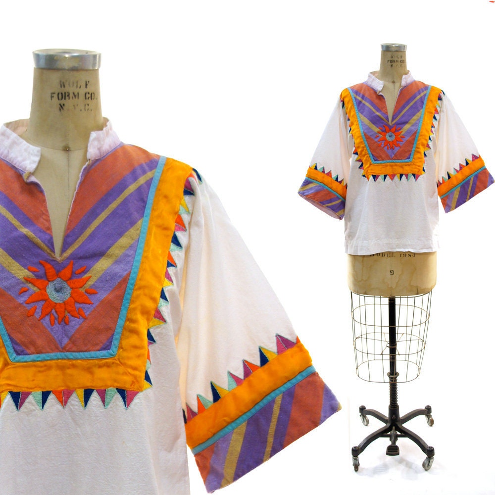 Mexican Embroidered Cotton Peasant Blouse with Applique Sun