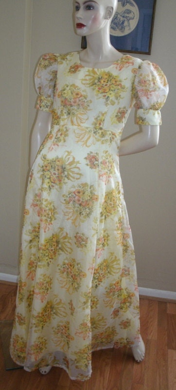 70s VINTAGE butter yellow hippie garden party boho bridesmaid gown MAXI 