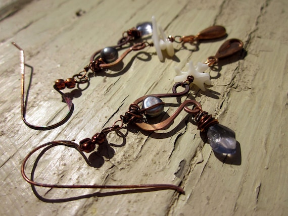 Eclectic Drop Earrings, Iolite briolette Copper wire Freshwater pearl - Mysterious Soul