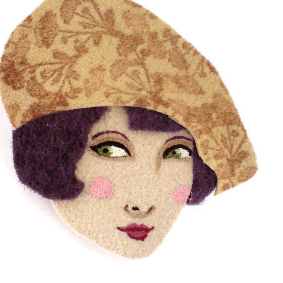 Fabric brooch - Amelie , Girl with a floral beret, Autumn, wearable art, gold buff, deep purple, brown, woman face