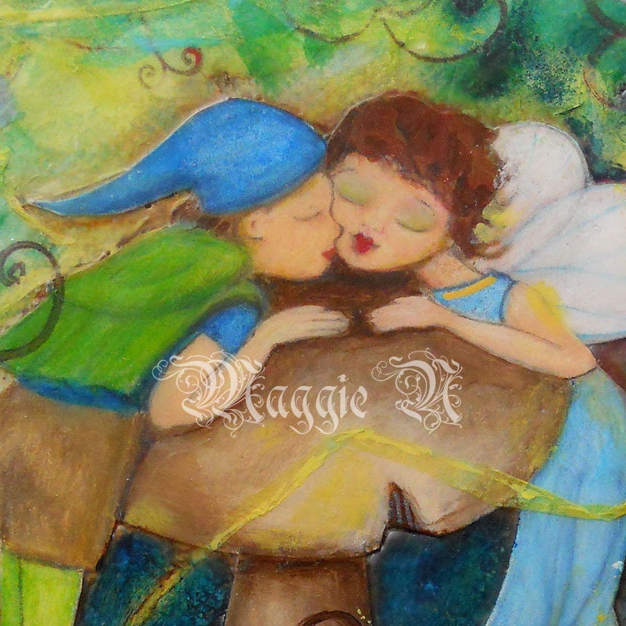 Fairy Kiss - Mixed Media Painting - 4 x 5 Inches on Gallery Wrapped Canvas