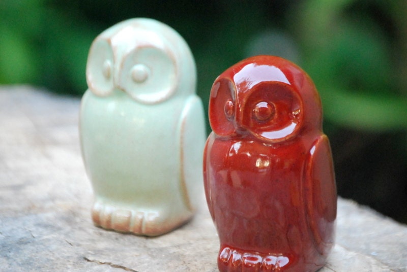 ceramic Owl rustic home decor in garnet red handmade pottery