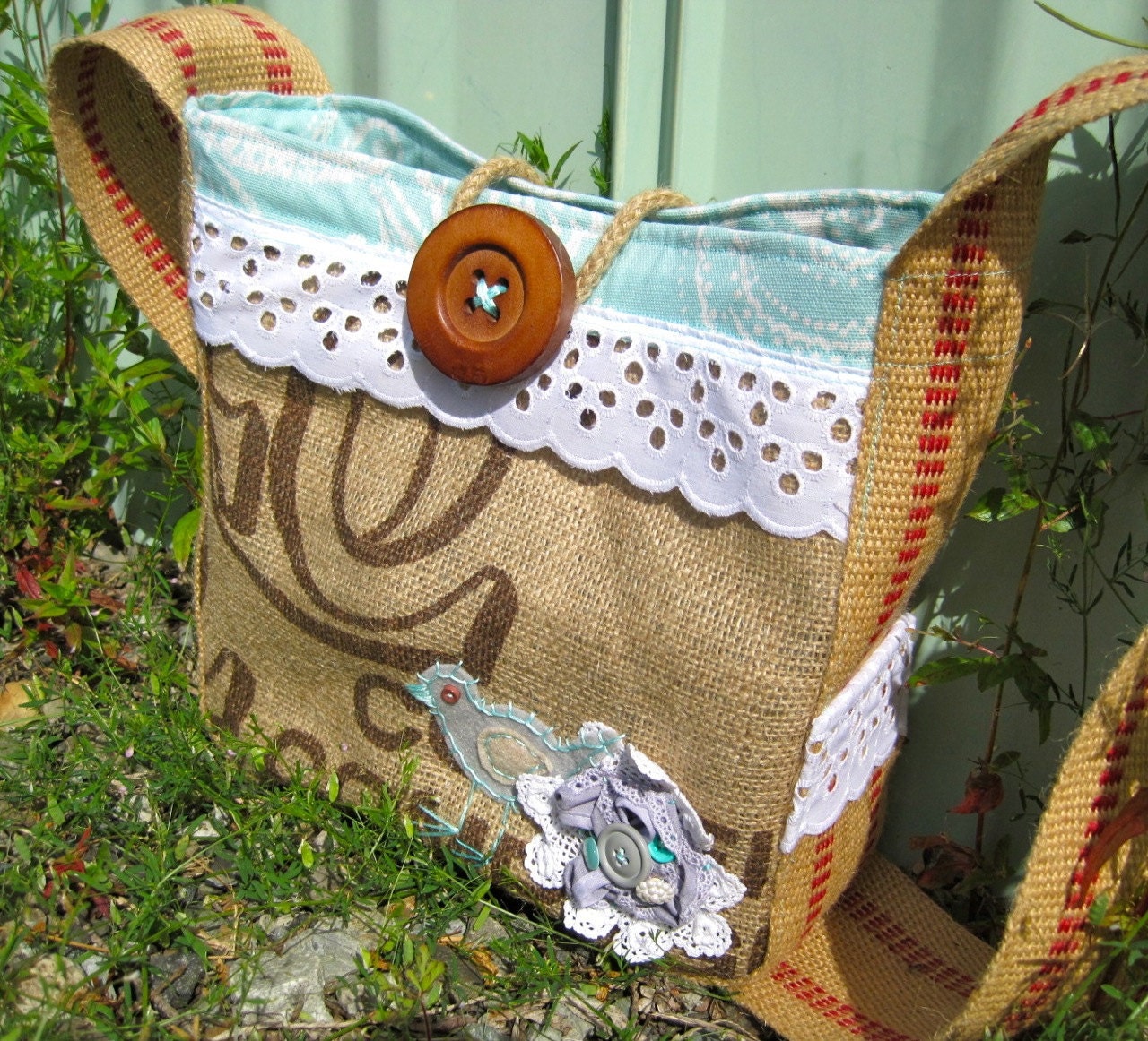 Leah Hip Bag in upcycled coffee bag, minty-seafoam, & vintage lace handmade flower