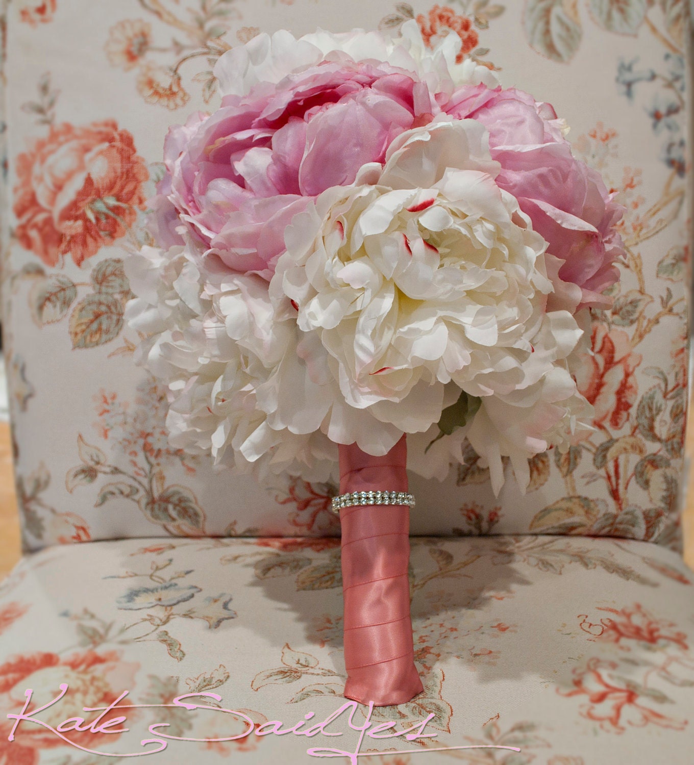 Silk Wedding Bouquet Ivory and Pink Peony Silk Bridal Wedding Bouquet with 