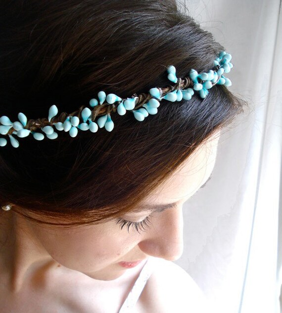 turquoise blue circlet hair wreath - EGGSHELL - flower girl, wedding accessory head piece