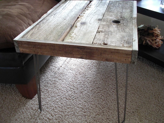 Modern Industrial Reclaimed Upcycle Rustic Wood Coffee Table - Side Table with Vintage Eames Style Steel Hairpin Legs
