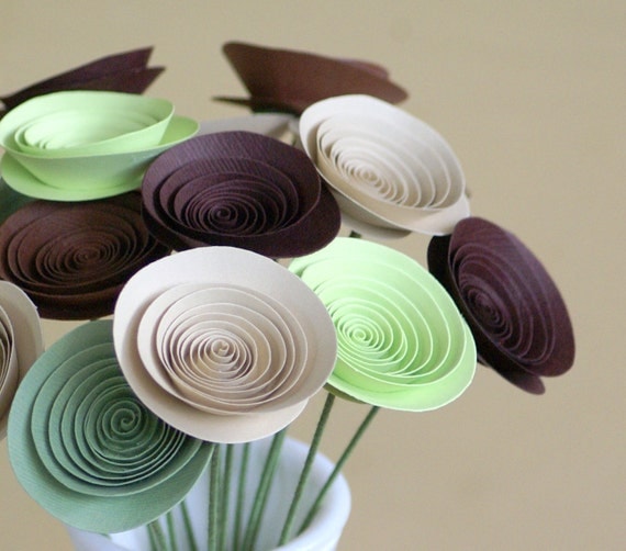 Rustic Woodland Wedding Centerpiece - Mini Paper Flowers Centerpiece - Alternative Eco Friendly Centerpiece - Browns and Greens