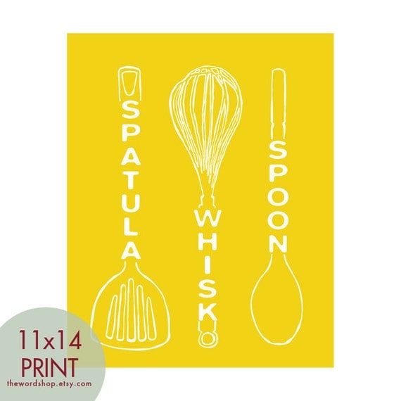 Spatula Whisk Spoon (Kitchen Utensil Art) 11x14 Print (Featured in Canary Yellow) Buy 3 Get One Free