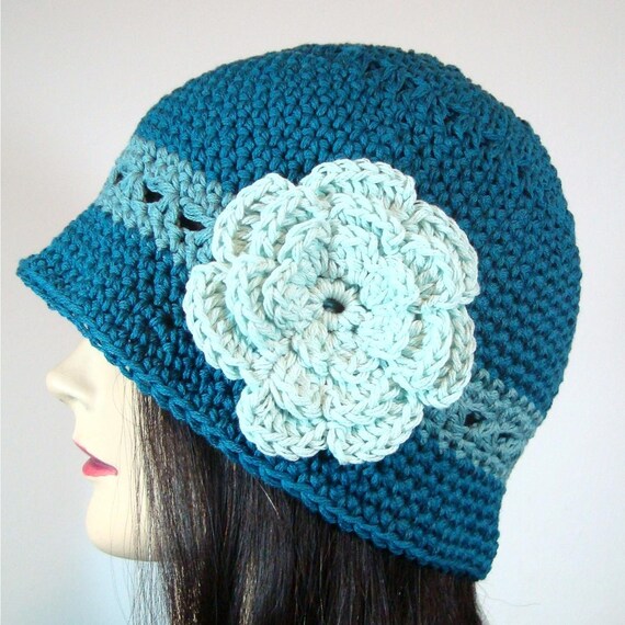 Cloche Hat in Teal with Mint Green Flower