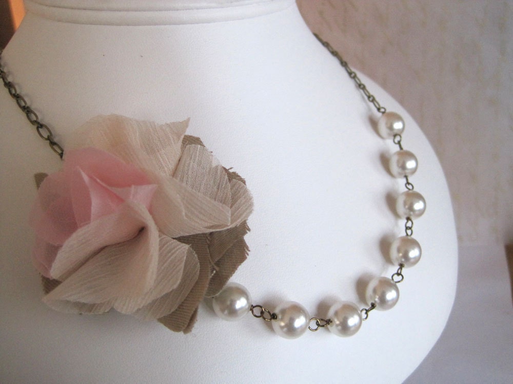 Dainty Peony-ANY COLORS -Statement Necklace- Fabric Flower Necklace with Faux Pearls
