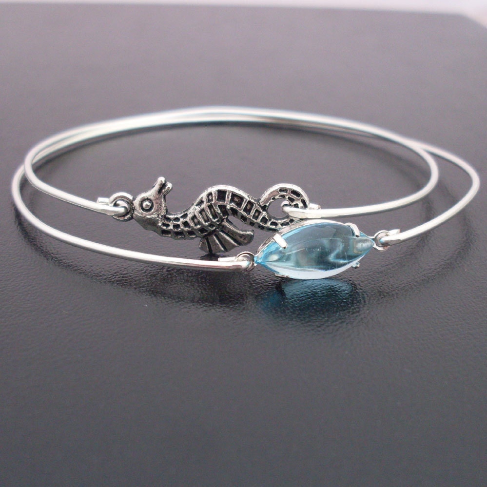 Little Seahorse in the Blue Sea - Ocean Bangle Bracelet Set - Silver Bands - Beach Jewelry