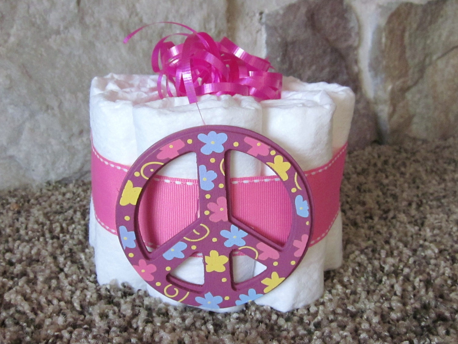 Peace Sign Mini diaper cake,( purple and pink) decoration, baby shower or new baby gift.