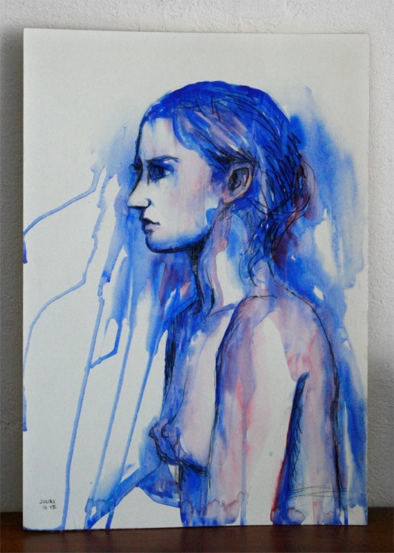Original Mixed Media Watercolor Study Sketch Figure Nude Drawing Art by JUURI Size 14x20