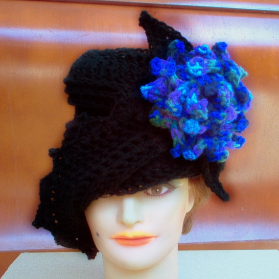 Womens Crochet Hat - Black Cloche Hat with Blue Flower - Color Pop - Winter Accessories - Winter Fashion Spring Fashion