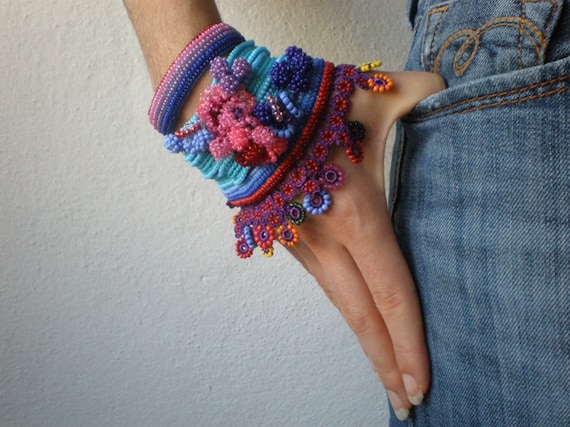 Alcea Biennis  ... Freeform Crochet Cuff - Flowers -  Blue Indigo Pink Purple Red