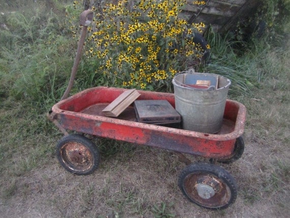Antique Red Wagon - Full Size Child's Metal Wagon - Chippy, Rustic