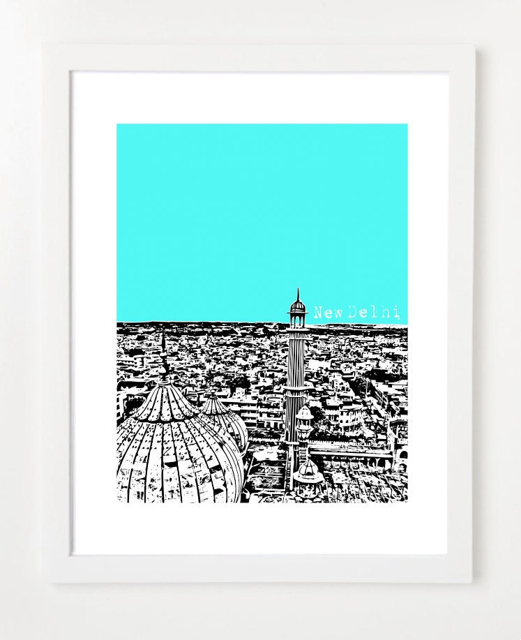 New Delhi Art  - India City Skyline Art Print  8x10 -