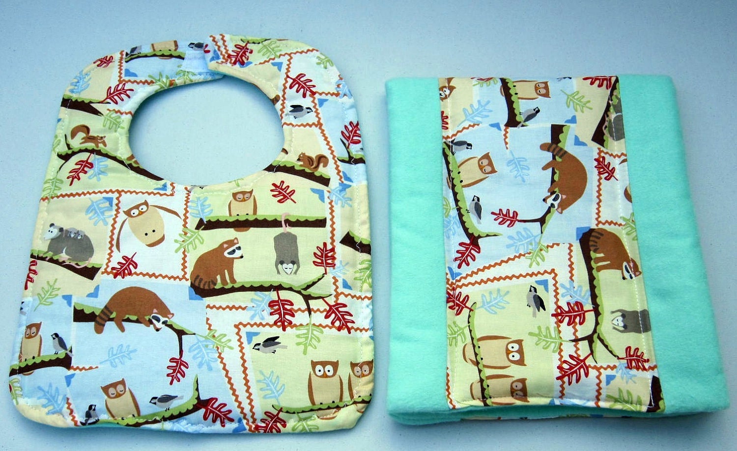 Baby Bib and Burp pad set featuring Owls and Forest Animals handcrafted by Sewinggranny